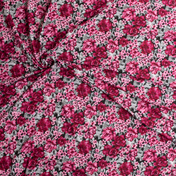 Grey and Pink Floral on Black NYC Designer Stretch Rayon Jersey Knit #30681 Fabric By The Yard - Wide shot Grey and Pink Floral on Black NYC Designer Stretch Rayon Jersey Knit #30681 Fabric By The Yard - Wide shot