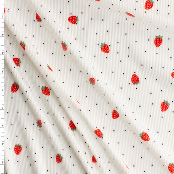 Tossed Strawberries and Dots on White Lightweight Micro Rib Knit #30685 Fabric By The Yard Tossed Strawberries and Dots on White Lightweight Micro Rib Knit #30685 Fabric By The Yard