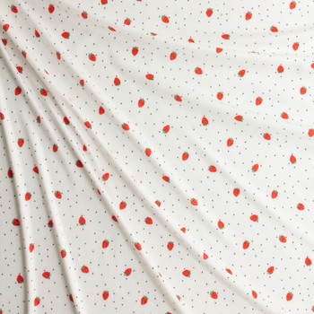 Tossed Strawberries and Dots on White Lightweight Micro Rib Knit #30685 Fabric By The Yard - Wide shot Tossed Strawberries and Dots on White Lightweight Micro Rib Knit #30685 Fabric By The Yard - Wide shot