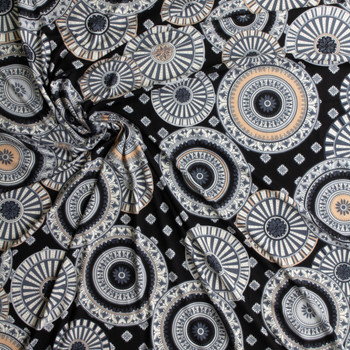 Black and Tan Layered Medallions Double Brushed Poly/Spandex Knit #30690 Fabric By The Yard - Wide shot