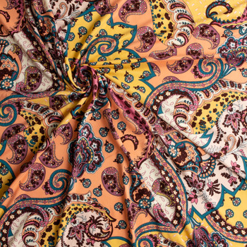 Blush, Peach, and Emerald Paisley Double Brushed Poly/Spandex Knit #30694 Fabric By The Yard - Wide shot