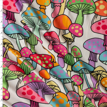 Festiva Mushrooms on White Double Brushed Poly/Spandex #30805 Fabric By The Yard