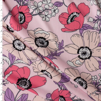 Lavender, Pink, and Hot Pink Floral on Pink Double Brushed Poly/Spandex #30806 Fabric By The Yard