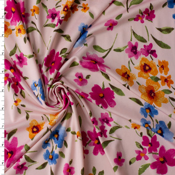 Hot Pink, Blue, and Orange Blooms on Pink Stretch ITY Knit #30808 Fabric By The Yard