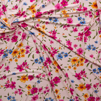 Hot Pink, Blue, and Orange Blooms on Pink Stretch ITY Knit #30808 Fabric By The Yard - Wide shot