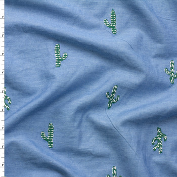Embroidered Cacti on Light Blue Lightweight Denim #30821 Fabric By The Yard