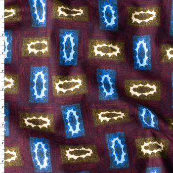 Brown and Blue Tiles on Wine Japanese Printed Cotton Jaquard #30853 Fabric By The Yard