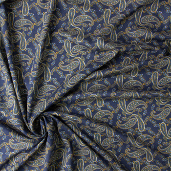 Navy, Gold, and Sky Paisley Japanese Cotton Lawn #30859 Fabric By The Yard - Wide shot