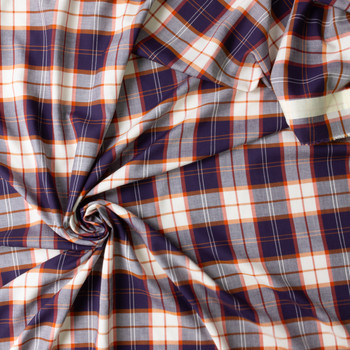 Navy, White, and Tomato Plaid Japanese Rayon/Tencel #30864 Fabric By The Yard - Wide shot