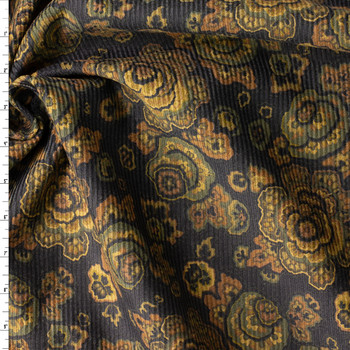 Black, Olive, and Brown Floral Paisley Japanese Stretch 8-Wale Corduroy #30876 Fabric By The Yard