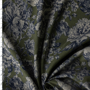 Woodcut Rose Floral on Dark Olive Hokkoh Japanese Pinwhale Corduroy #30882 Fabric By The Yard
