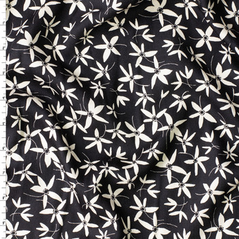 Black Starflower Toss Rayon Sateen #31023 Fabric By The Yard