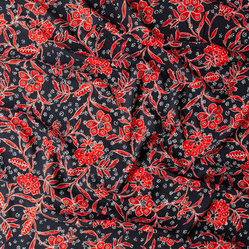 Charcoal Red Botanical Vine Rayon Challis #31025 Fabric By The Yard - Wide shot