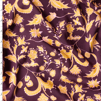 Eggplant Gold Floral Rayon Challis #31032 Fabric By The Yard