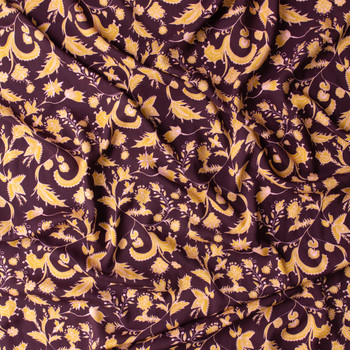 Eggplant Gold Floral Rayon Challis #31032 Fabric By The Yard - Wide shot