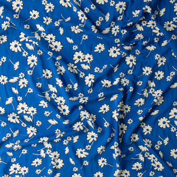 Cobalt White Daisy Toss Rayon Challis #31035 Fabric By The Yard - Wide shot