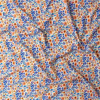 Peach Blue Leopard Scatter Rayon Challis #31037 Fabric By The Yard - Wide shot