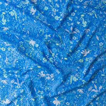 Blue and Aqua Sea Floor Scroll Rayon Challis #31039 Fabric By The Yard - Wide shot