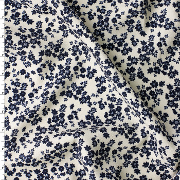 Ivory Navy Micro Floral Rayon Crepe De Chine #31049 Fabric By The Yard