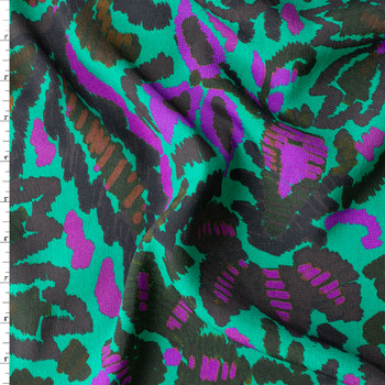Brown and Plum Scrolling Floral on Emerald Rayon Crepe De Chine #31053 Fabric By The Yard