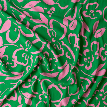 Lime Pink Abstract Petals Rayon Crepe De Chine #31055 Fabric By The Yard - Wide shot