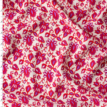 Ivory Red Folk Floral Rayon Challis #31060 Fabric By The Yard