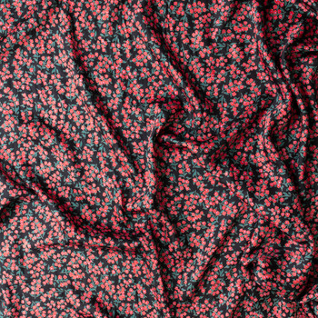 Black Red Blossom Toss Rayon Sateen #31062 Fabric By The Yard - Wide shot
