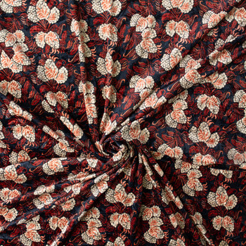 Ivory and Wine Floral on Black Stretch Velvet #31126 Fabric By The Yard - Wide shot