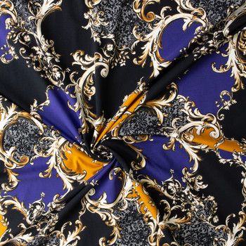 Black, Royal, and Caramel Scrolling Patchwork Cotton/Spandex Jersey Knit #31129 Fabric By The Yard - Wide shot