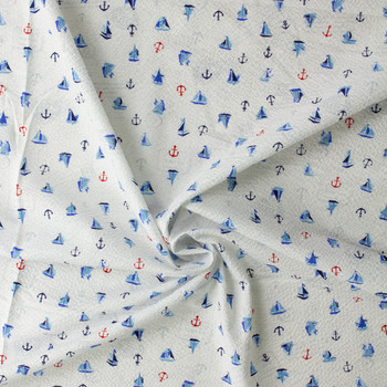 White Sailboats and Anchors Japanese Cotton Plissé from Robert Kaufman #31200 Fabric By The Yard - Wide shot