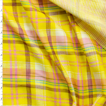Yellow, Pink, and Lime Plaid Reversible Double Gauze #31279 Fabric By The Yard