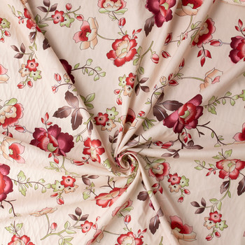 Wine Rose Floral on Cream Stretch Cotton Poplin #31280 Fabric By The Yard - Wide shot