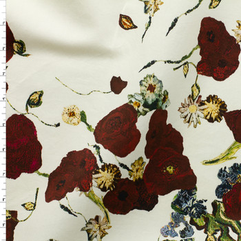 Deep Wine Floral on Ivory 42” Panel Fine Twill Weave Silk/Cotton #31287 Fabric By The Yard