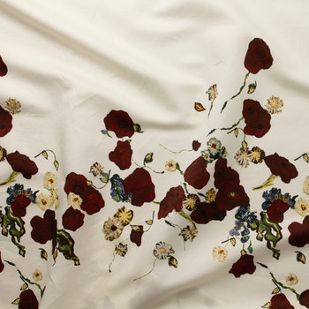 Deep Wine Floral on Ivory 42” Panel Fine Twill Weave Silk/Cotton #31287 Fabric By The Yard - Wide shot
