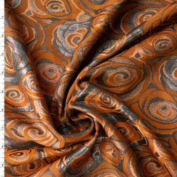 Metallic Burnt Orange and Gunmetal Rose Swirl Metallic Brocade #31292 Fabric By The Yard