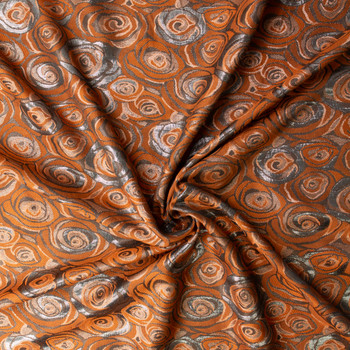 Metallic Burnt Orange and Gunmetal Rose Swirl Metallic Brocade #31292 Fabric By The Yard - Wide shot