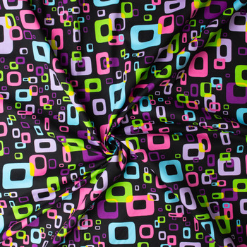 Neon Retro Rectangles on Black Stretch Cotton Twill #31310 Fabric By The Yard - Wide shot