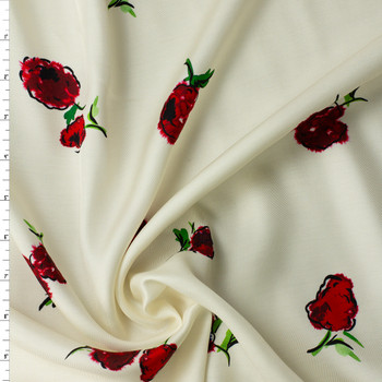 Deep Red Floral on Ivory Viscose Twill #31313 Fabric By The Yard