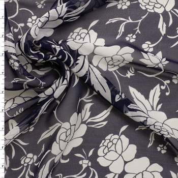 White on Navy Rose Vines Silk Chiffon #31321 Fabric By The Yard