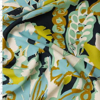 Aqua, Charcoal, and Metallic Gold Abstract Floral Polyester Georgette #31406 Fabric By The Yard