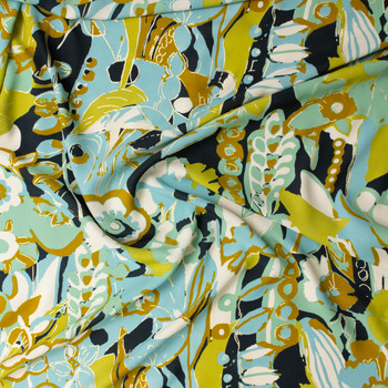 Aqua, Charcoal, and Metallic Gold Abstract Floral Polyester Georgette #31406 Fabric By The Yard - Wide shot