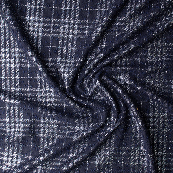 Navy and Silver Plaid Sequined Bouclé #31443 Fabric By The Yard - Wide shot