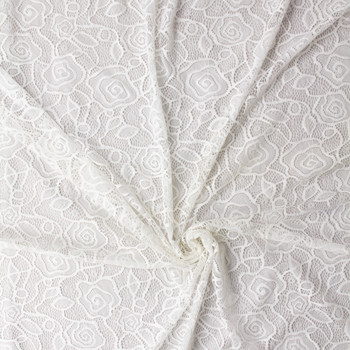 Warm White Whimsy Rose Stretch Lace #31446 Fabric By The Yard - Wide shot