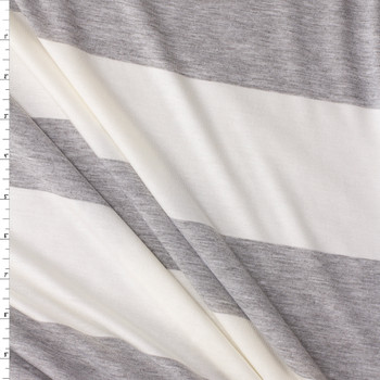Heather Grey and Warm White Horizontal Wide Stripe Rayon/Spandex Jersey Knit #31472 Fabric By The Yard