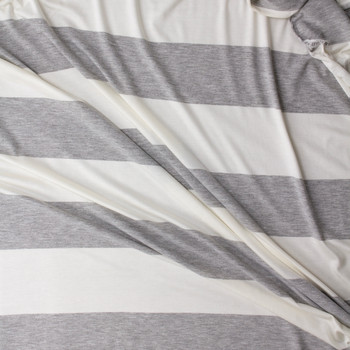 Heather Grey and Warm White Horizontal Wide Stripe Rayon/Spandex Jersey Knit #31472 Fabric By The Yard - Wide shot