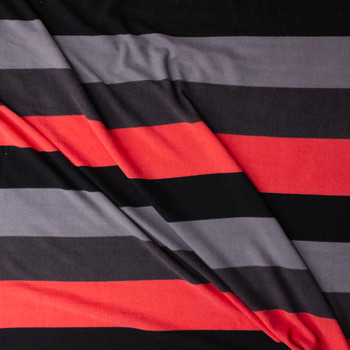 Neon Red and Grey Horizontal Stripe Lightweight Hatchi Knit #31476 Fabric By The Yard - Wide shot
