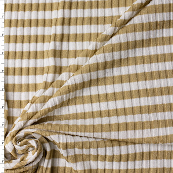 Tan and White Horizontal Stripe Poly/Spandex Rib Knit #31479 Fabric By The Yard