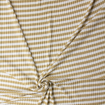Tan and White Horizontal Stripe Poly/Spandex Rib Knit #31479 Fabric By The Yard - Wide shot