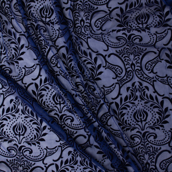 Black on Navy Ornamental Flocked Poly Netting #31501 Fabric By The Yard - Wide shot