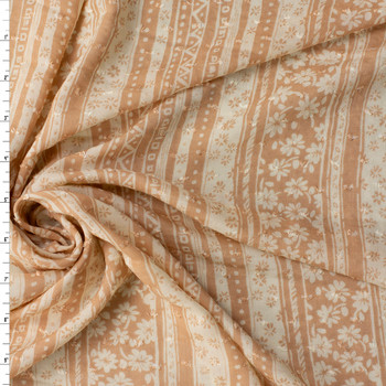 Soft Tan and Ivory Vertical Floral Stripe Rayon Swiss Dot Challis #31529 Fabric By The Yard